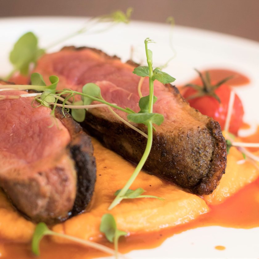 Sliced duck breast on sweet potato puree with jus and micro herbs